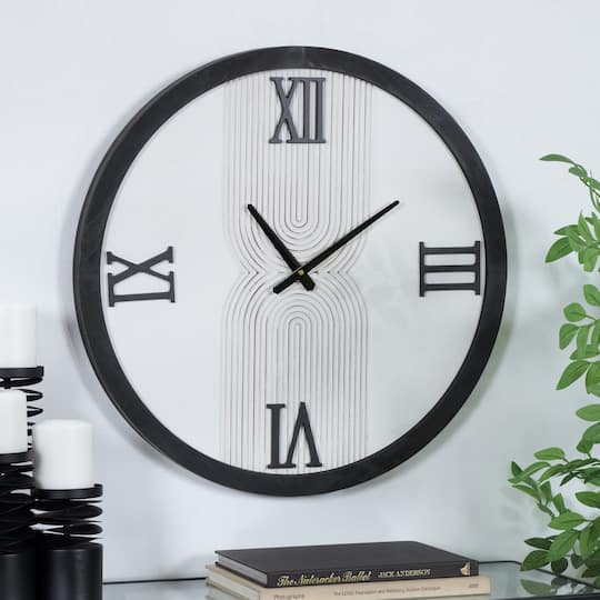 24" White Wood Art Deco Line Art Wall Clock